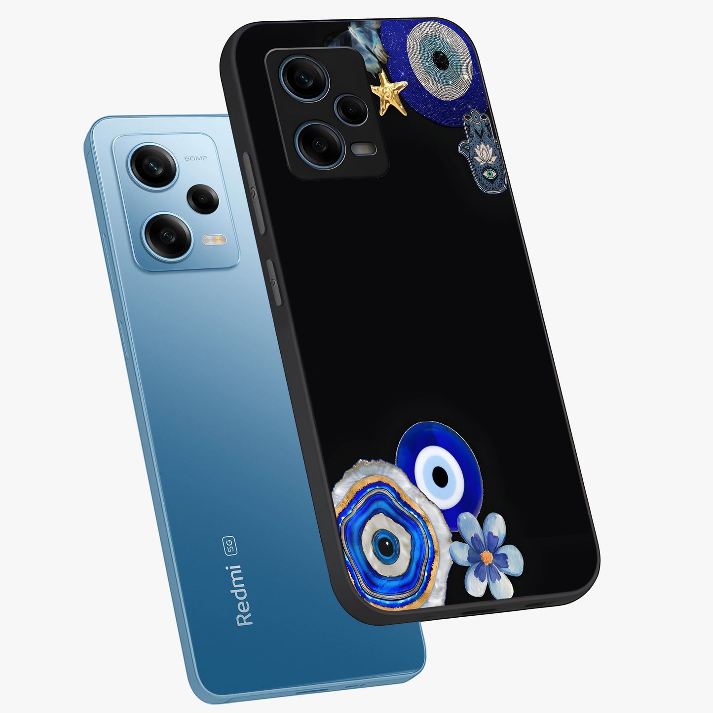 Aesthetic Blue Evil Eye Glass Case displayed in angled mockup highlighting blue evil eye symbol and spiritual aesthetic design.