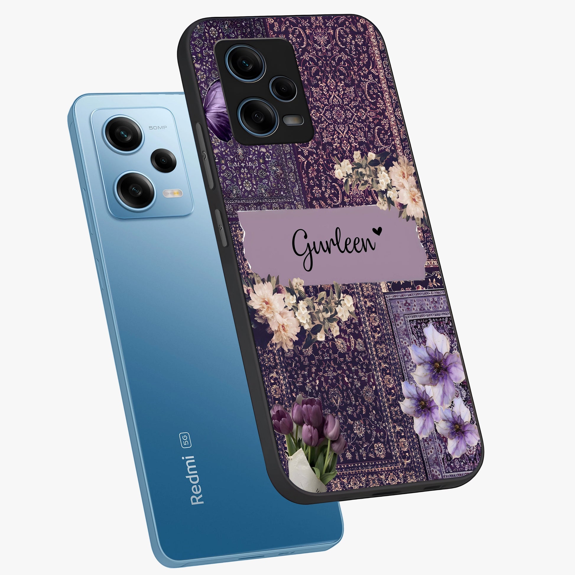 Antique Floral Whisper Custom Name Glass Case displayed in angled mockup highlighting elegant antique floral aesthetic.