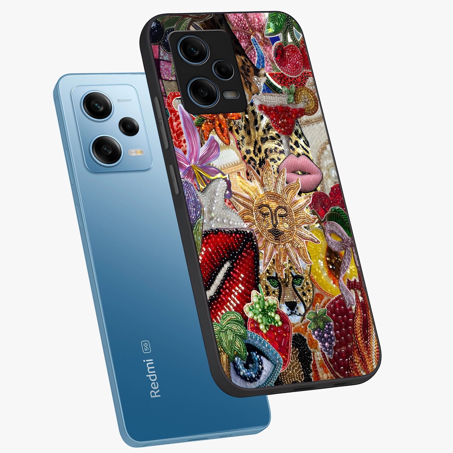 Beaded Fashion Jungle Glass Case displayed in angled mockup highlighting colorful fashion bead design and artistic pattern.