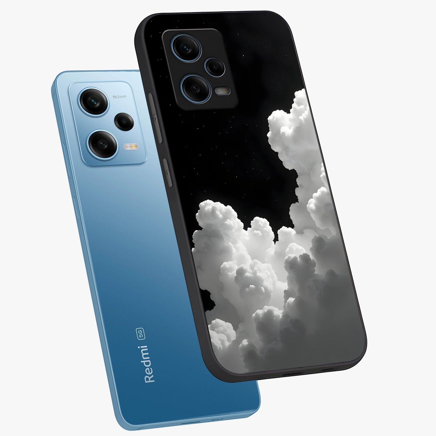 Black Background With White Cloud Glass Case displayed in angled mockup highlighting soft white cloud illustration and minimal design.