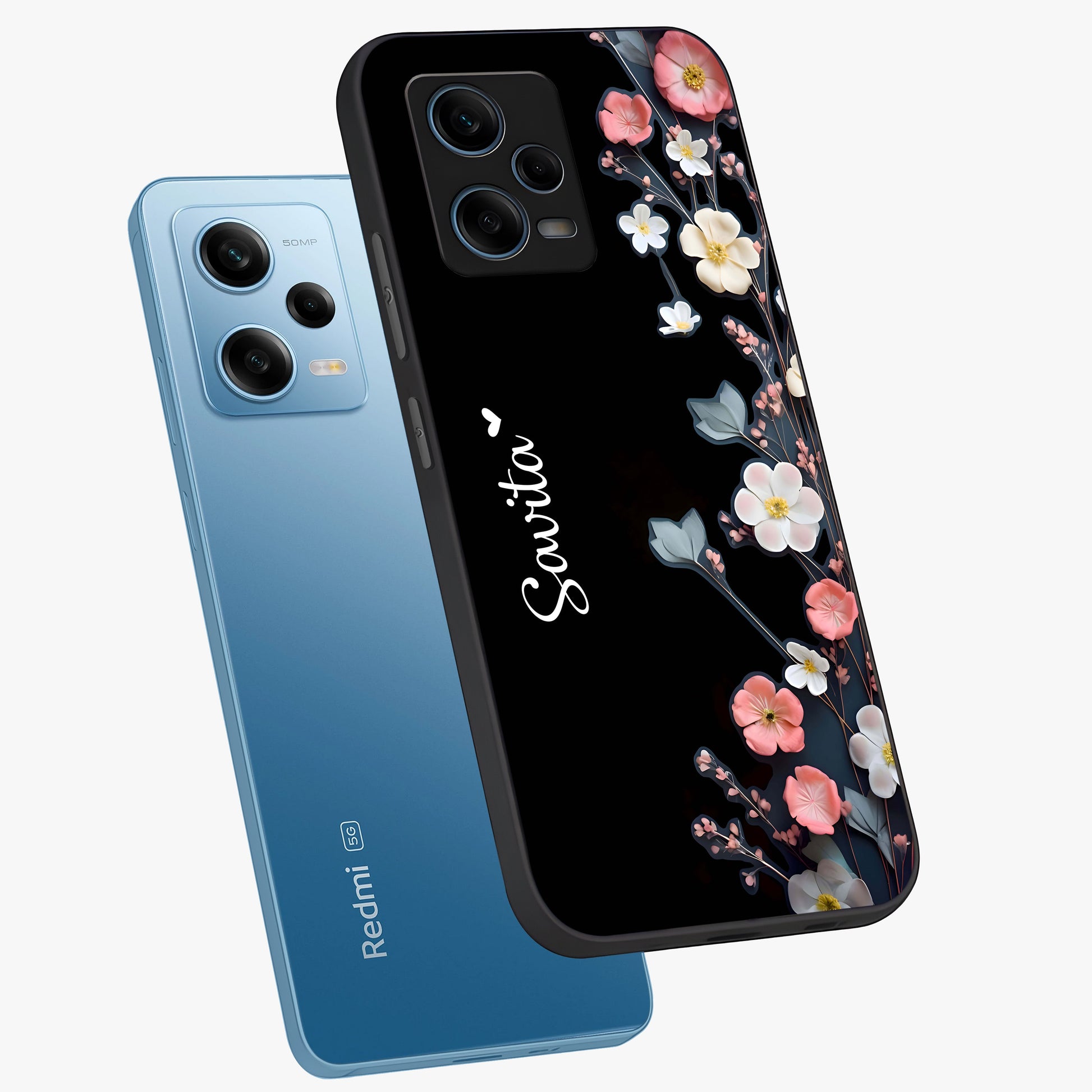Black Elegance Floral Custom Name Glass Case displayed in angled mockup highlighting dark floral aesthetic and custom name feature.
