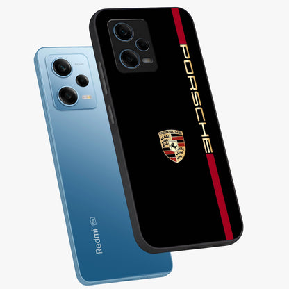 Black Minimal Porsche Glass Case displayed in angled mockup highlighting modern minimal car illustration and clean aesthetic design.