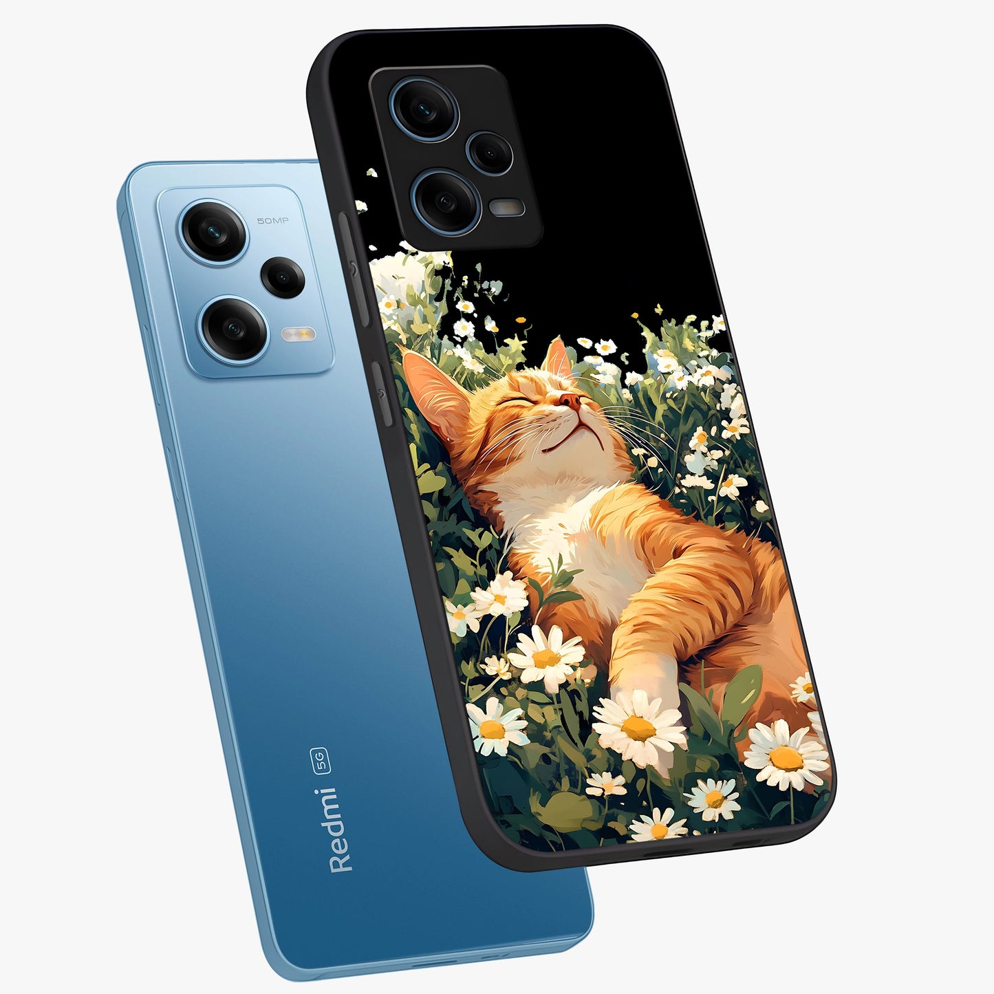 Blissful Bloom Cat Glass Case displayed in angled mockup highlighting playful feline illustration with soft floral aesthetic.