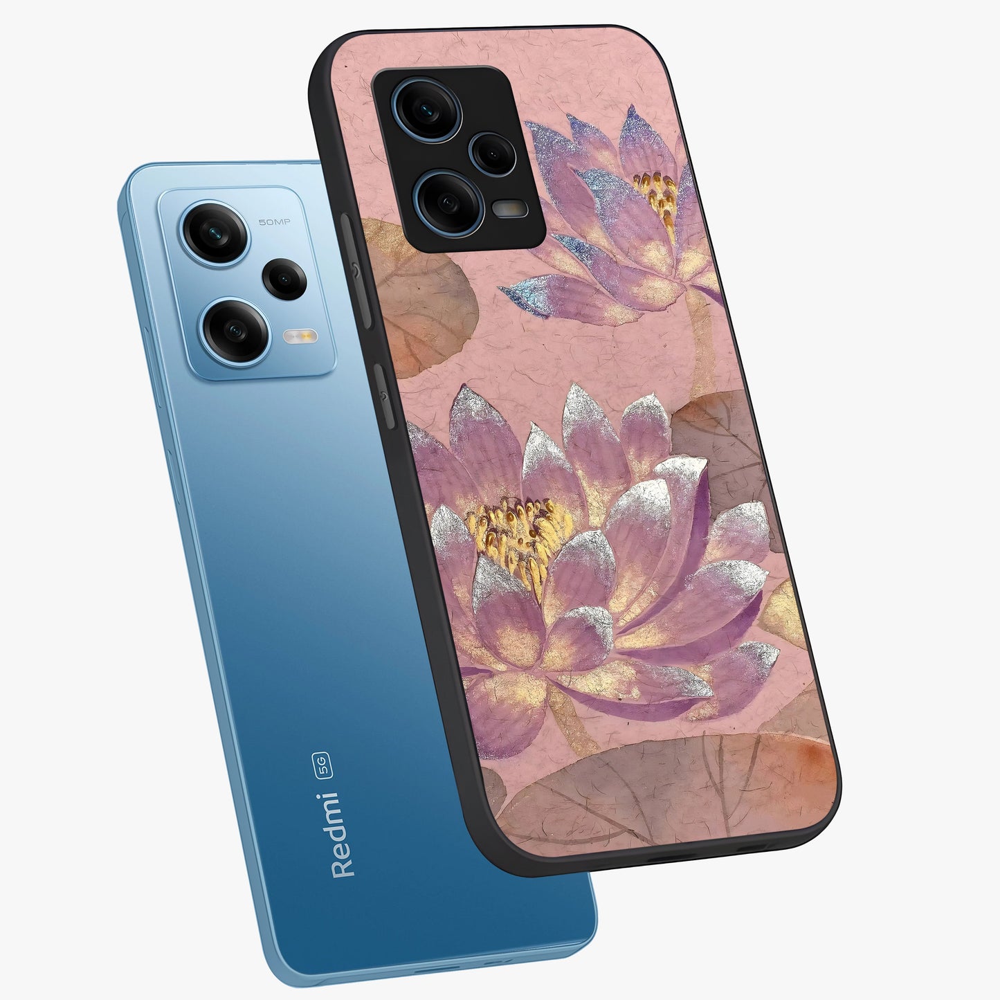Blossom Mist Lotus Glass Case displayed in angled mockup highlighting delicate lotus illustration with calm aesthetic theme.