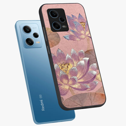 Blossom Mist Lotus Glass Case displayed in angled mockup highlighting delicate lotus illustration with calm aesthetic theme.