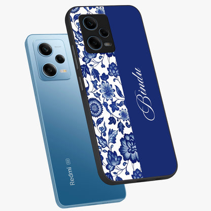 Blue Vintage Floral Pattern Glass Case displayed in angled mockup highlighting subtle bloom pattern with aesthetic pastel design.