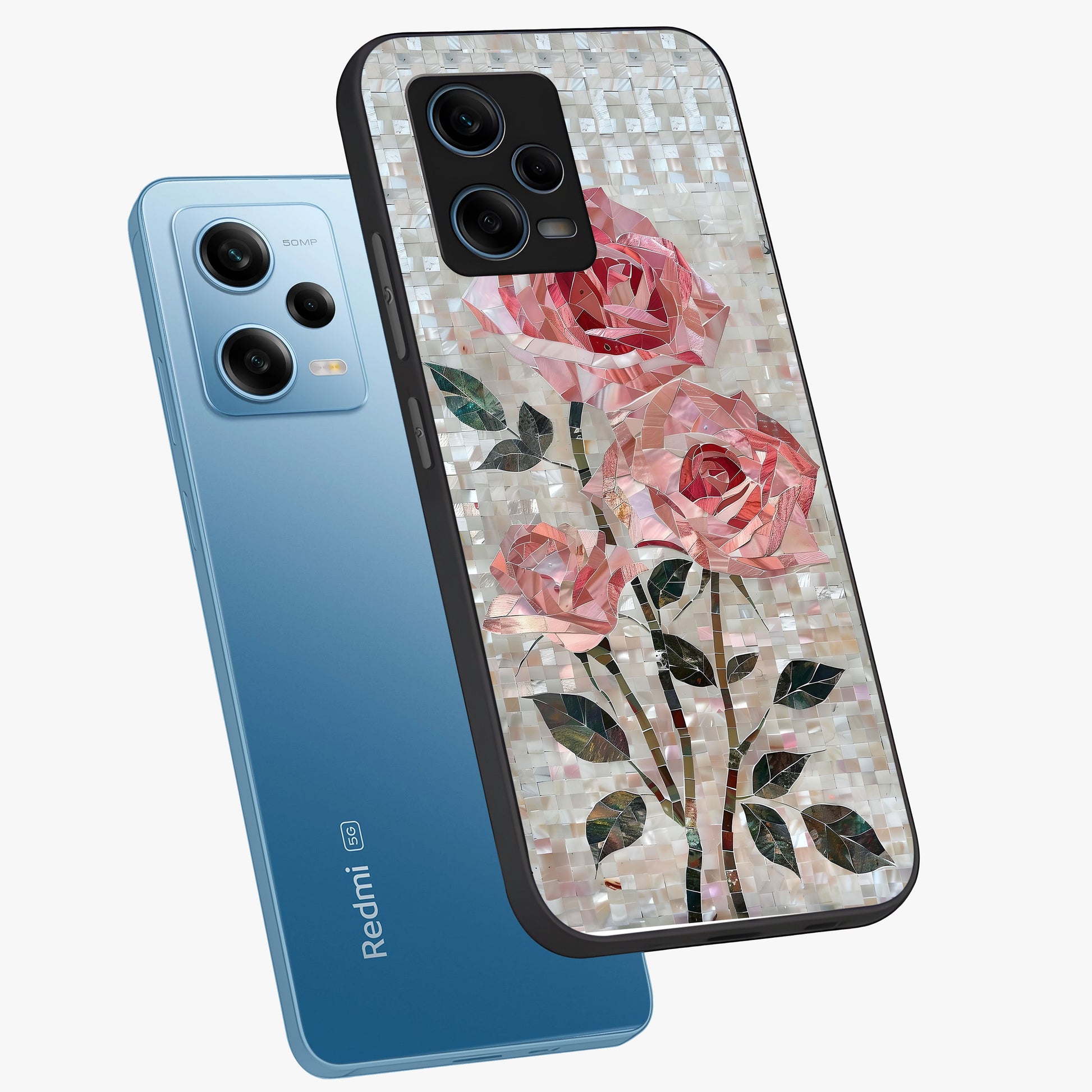 Blush Mosaic Bloom Glass Case displayed in angled mockup highlighting artistic mosaic flower pattern with aesthetic design.