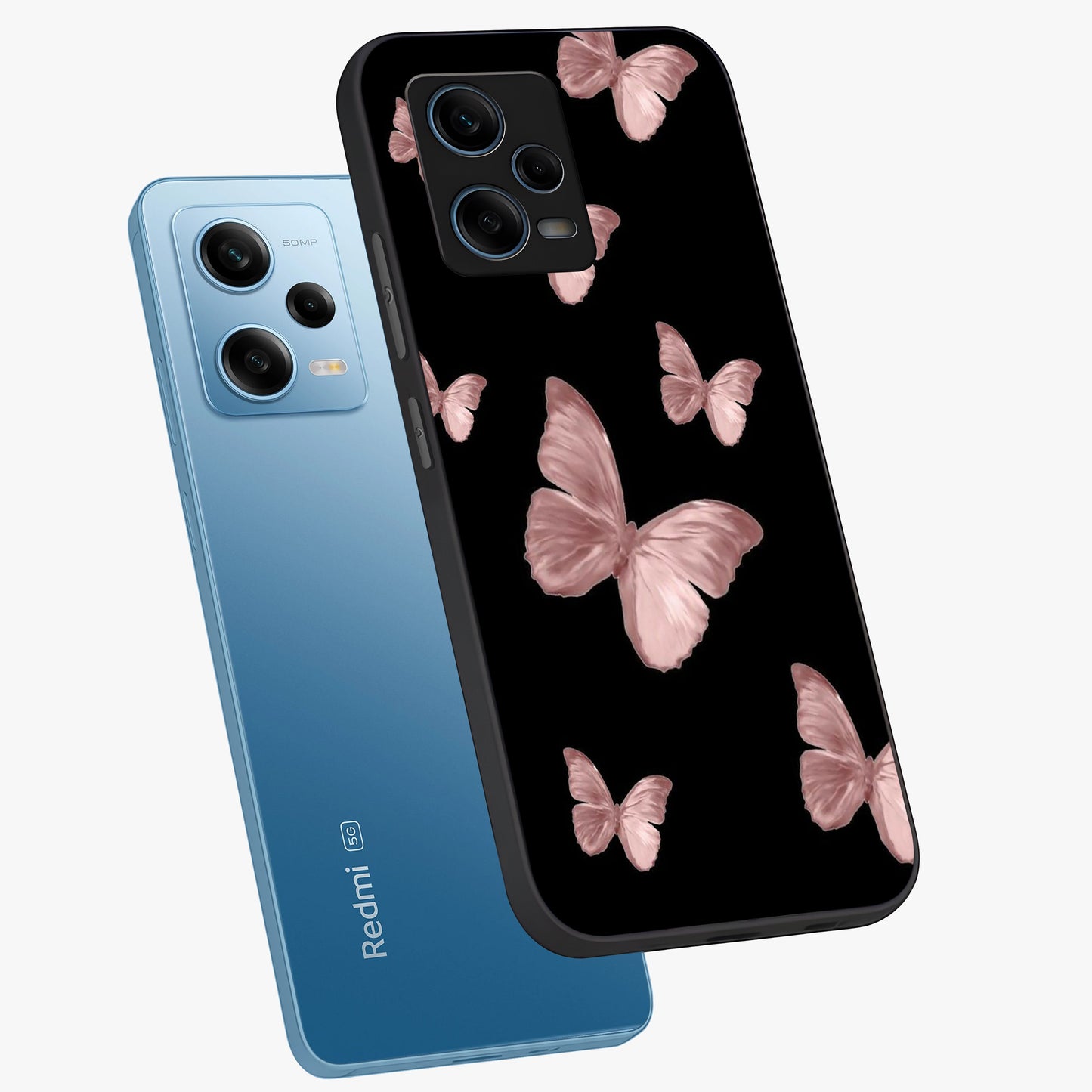 Butterfly Pattern Glass Case displayed in angled mockup highlighting delicate butterfly design and aesthetic pattern style.