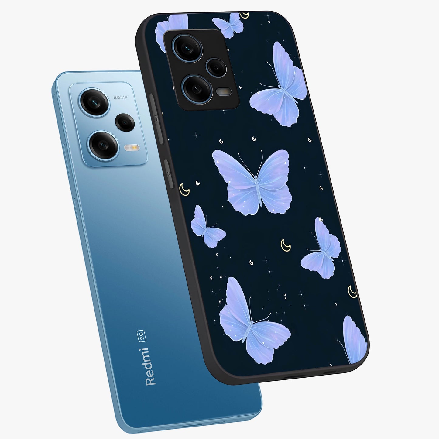 Butterfly With Stars Pattern Glass Case displayed in angled mockup highlighting dreamy butterfly and star design with aesthetic theme.