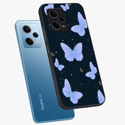 Butterfly With Stars Pattern Glass Case displayed in angled mockup highlighting dreamy butterfly and star design with aesthetic theme.