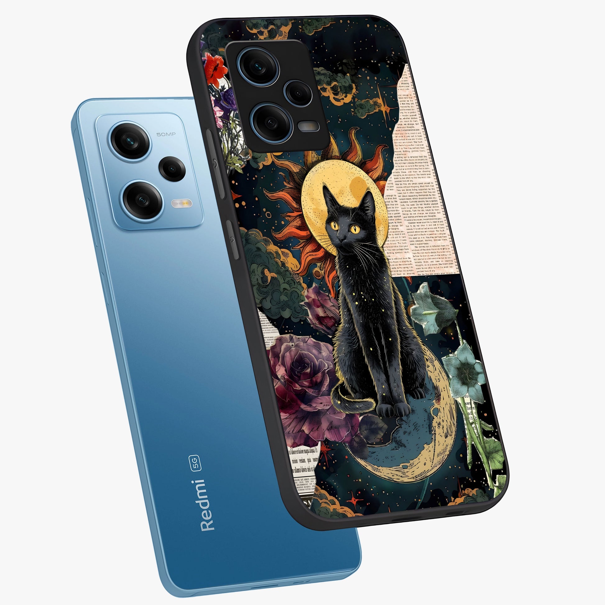 Celestial Black Cat Glass Case displayed in angled mockup highlighting cosmic black cat design with celestial aesthetic.