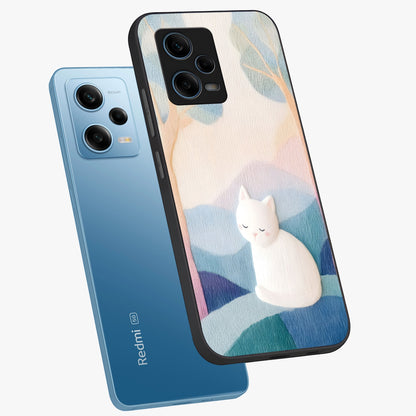 Cotton Dream Cat Glass Case displayed in angled mockup highlighting cute feline illustration with pastel aesthetic style.