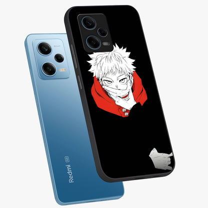 Crimson Chaos Smile Glass Case displayed in angled mockup highlighting edgy crimson smile design with graphic aesthetic.