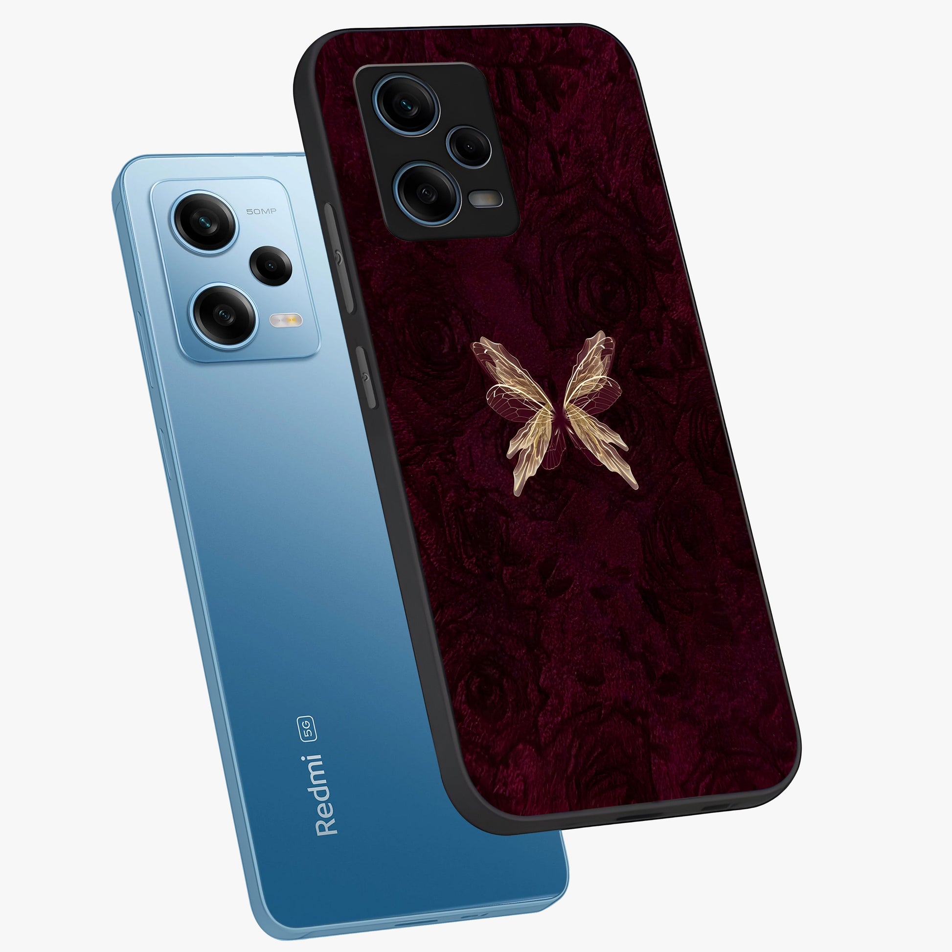 Crimson Fade Butterfly Glass Case displayed in angled mockup highlighting elegant butterfly design with crimson gradient aesthetic.