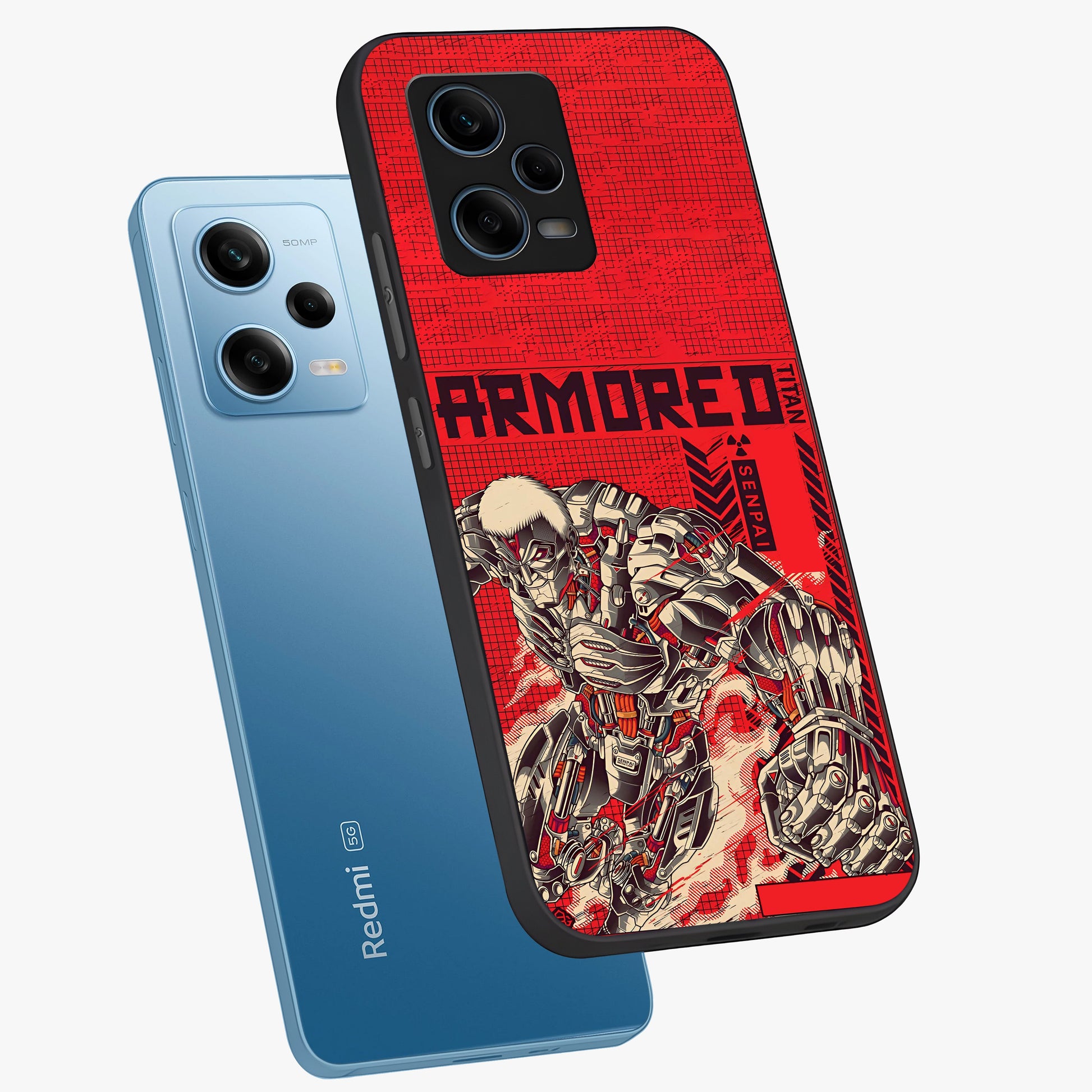 Crimson Mecha Titan Glass Case displayed in angled mockup highlighting futuristic mech illustration with bold crimson aesthetic.