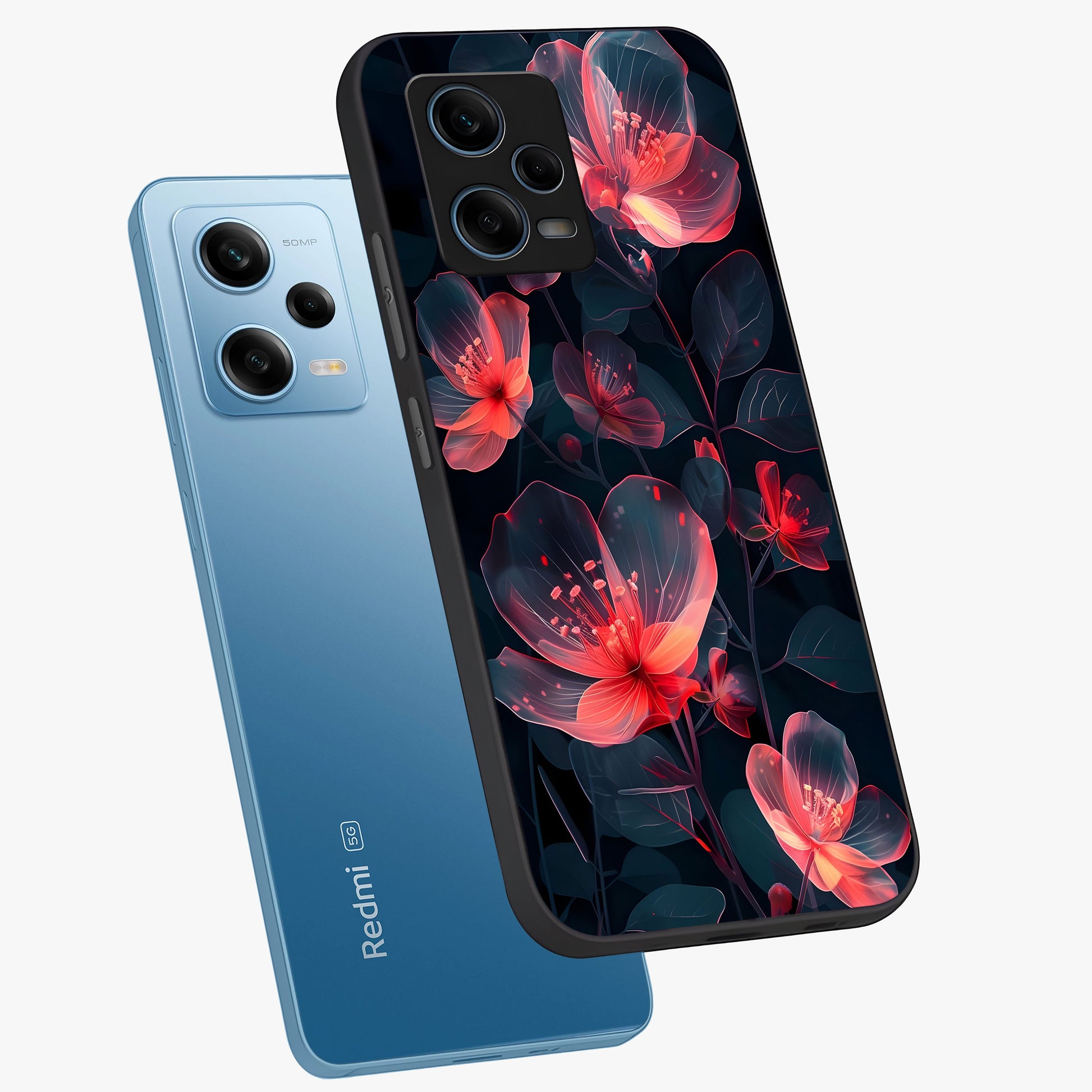 Dark Shade of Flower Glass Case displayed in angled mockup highlighting moody floral illustration with aesthetic dark tones.