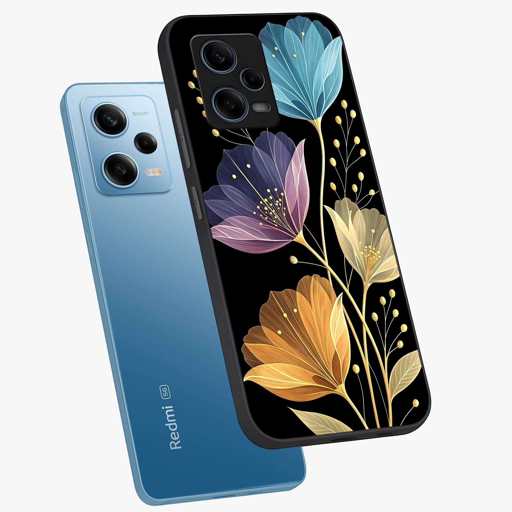 Delicate Multicolor Flowers Glass Case displayed in angled mockup highlighting colorful flower pattern with soft aesthetic style.