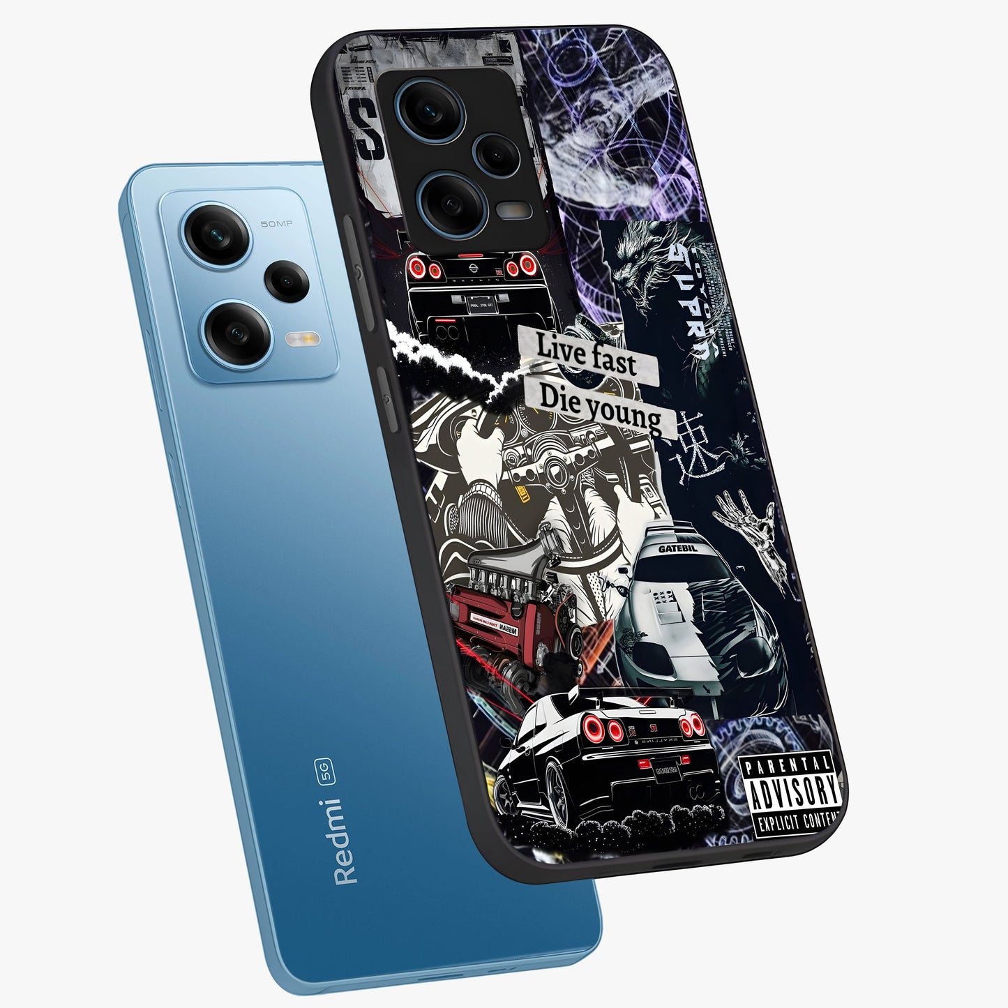 Die Young Glass Case displayed in angled mockup highlighting expressive graphic artwork with edgy aesthetic style.