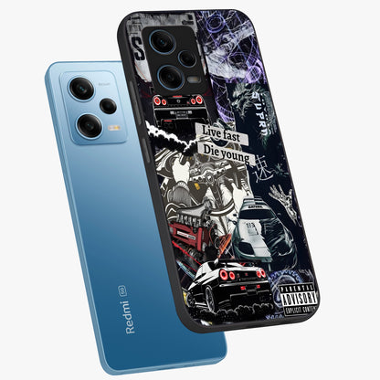 Die Young Glass Case displayed in angled mockup highlighting expressive graphic artwork with edgy aesthetic style.