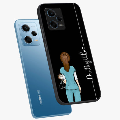 Doctor Pattern Custom Name Glass Case displayed in angled mockup highlighting doctor inspired artwork with custom name feature.