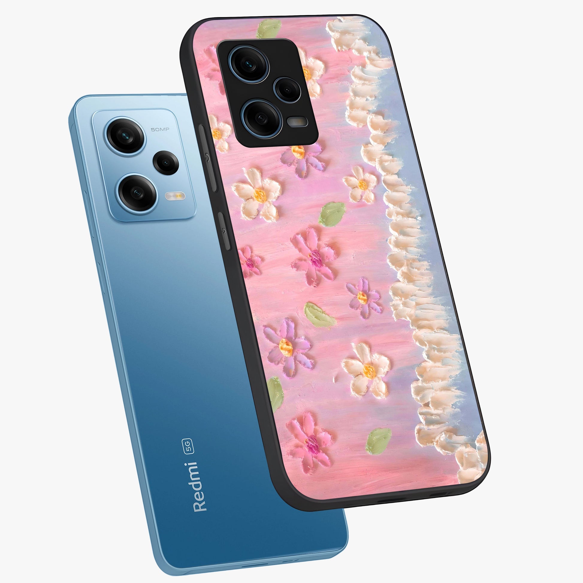 Dreamy Painted Garden Glass Case displayed in angled mockup highlighting colorful garden illustration with dreamy aesthetic style.