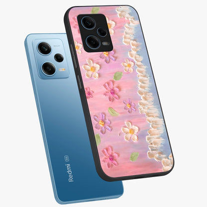 Dreamy Painted Garden Glass Case displayed in angled mockup highlighting colorful garden illustration with dreamy aesthetic style.