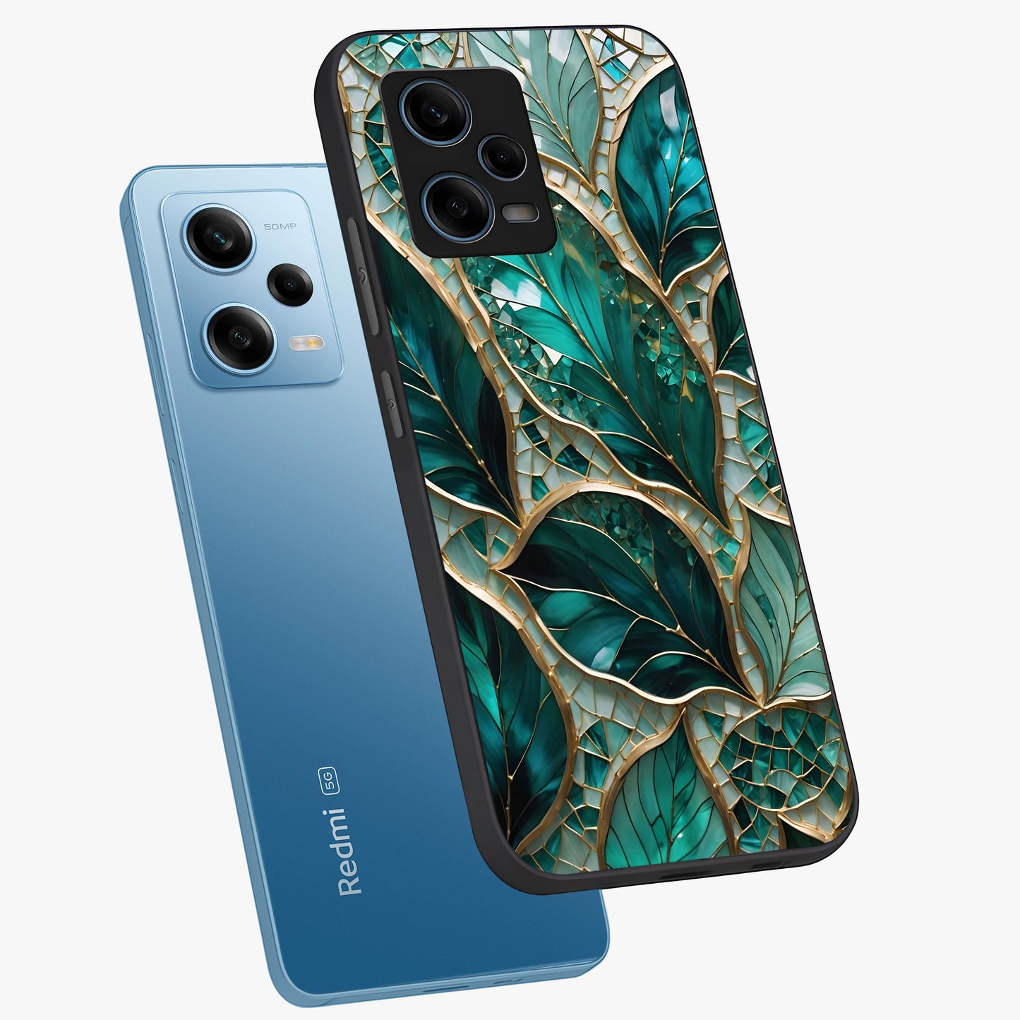 Emerald Leaf Glass Glass Case displayed in angled mockup highlighting botanical leaf illustration with elegant natural aesthetic.