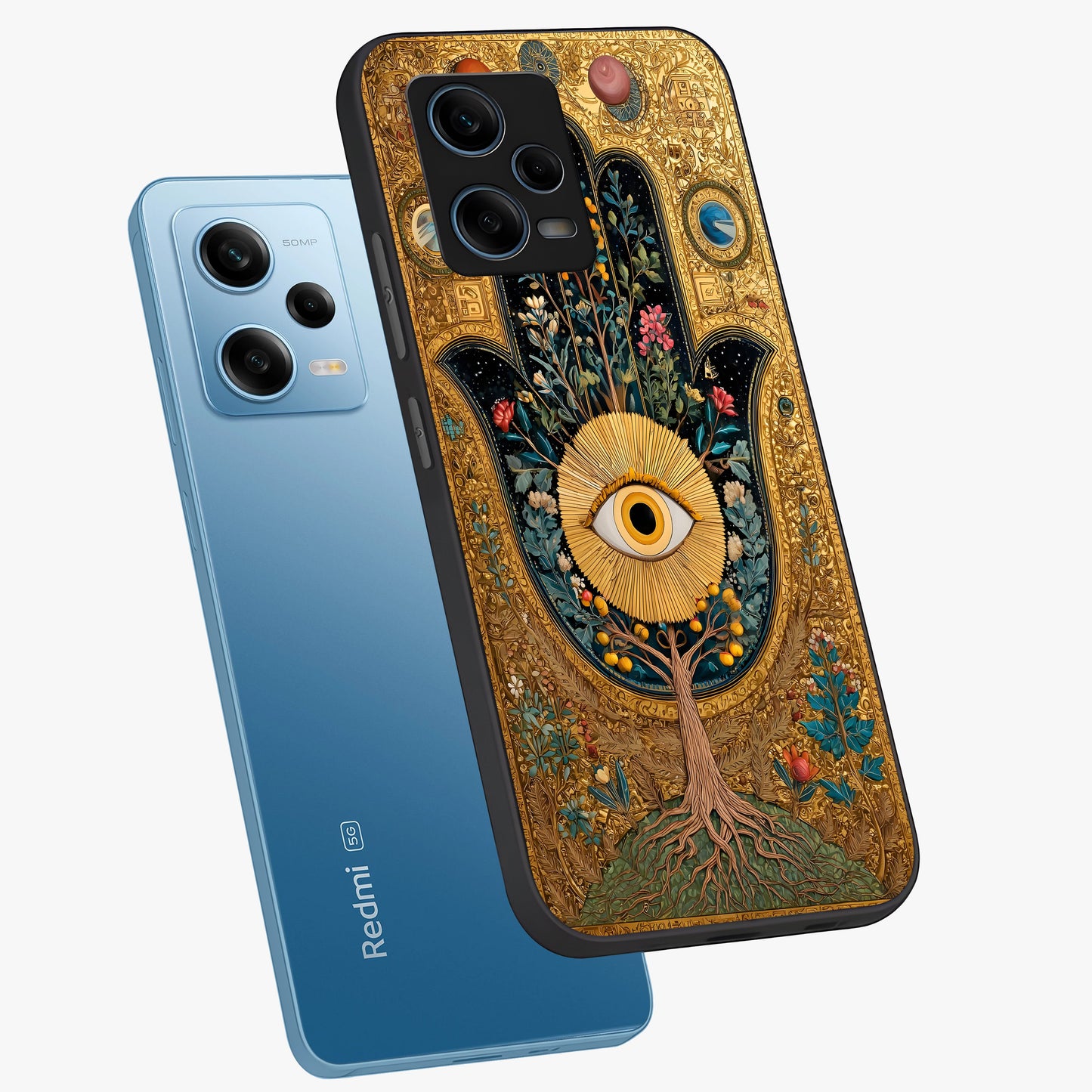 Ethereal Evil Eye Glass Case displayed in angled mockup highlighting protective evil eye symbol with spiritual aesthetic design.
