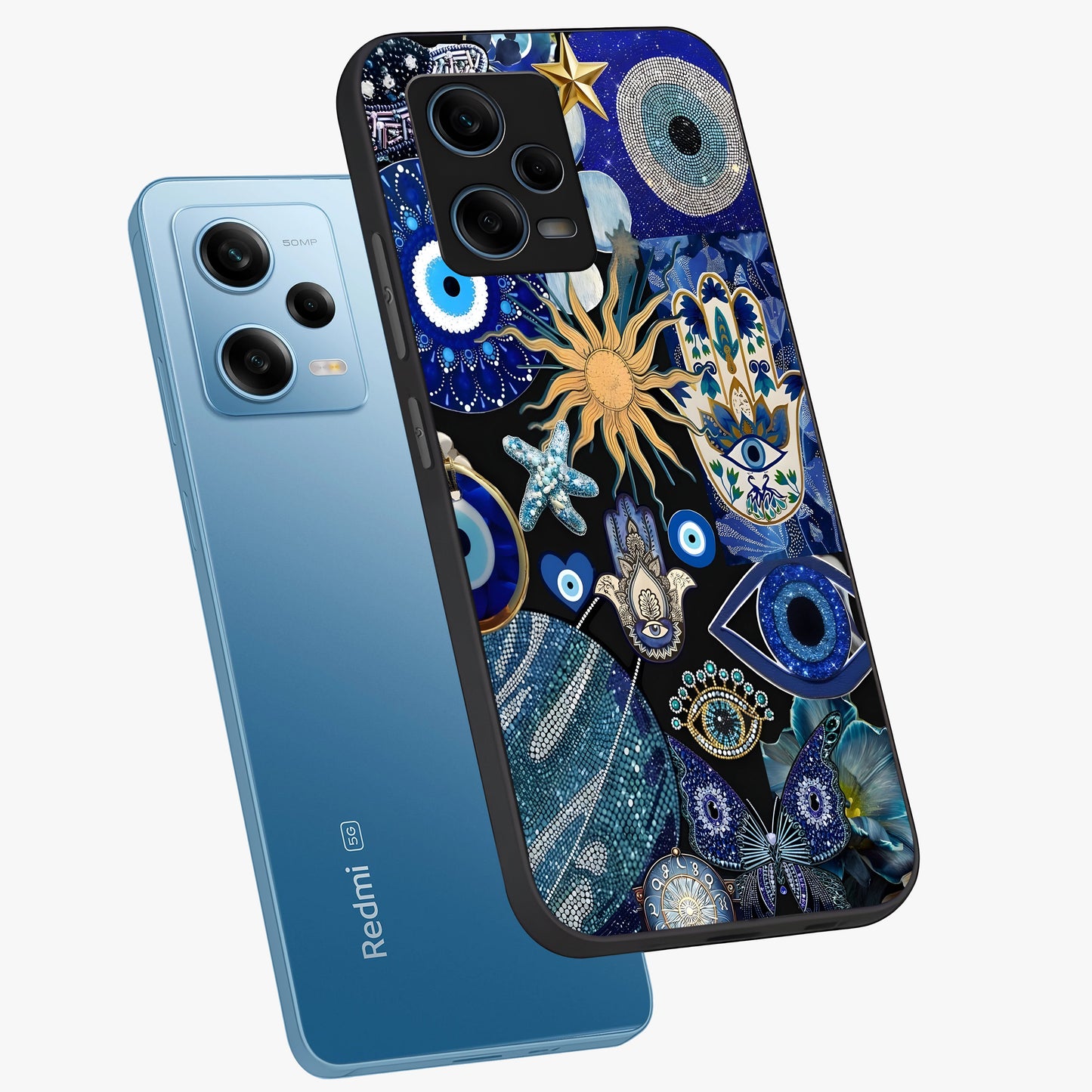 Evil Eye Charm Mix Glass Case displayed in angled mockup highlighting protective evil eye symbols with spiritual aesthetic design.