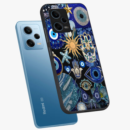 Evil Eye Charm Mix Glass Case displayed in angled mockup highlighting protective evil eye symbols with spiritual aesthetic design.