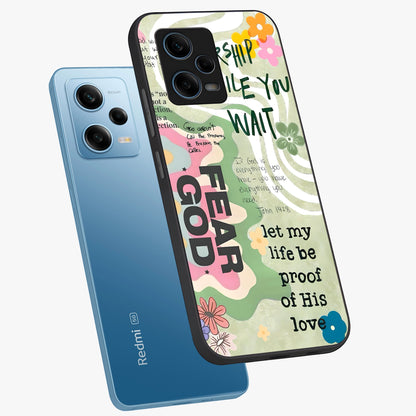 Faith Over Fear Glass Case displayed in angled mockup highlighting inspirational message design with modern aesthetic style.
