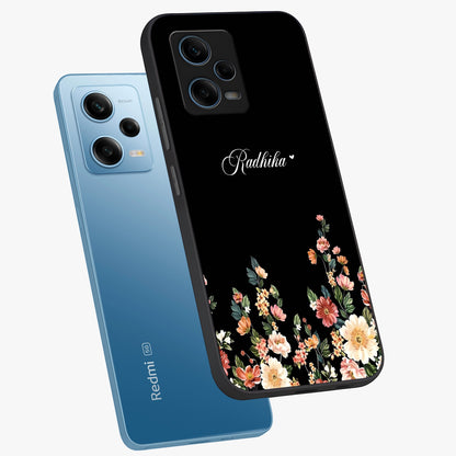 Floral Design With a Custom Personalized Name Glass Case displayed in angled mockup highlighting elegant floral pattern with custom name feature.