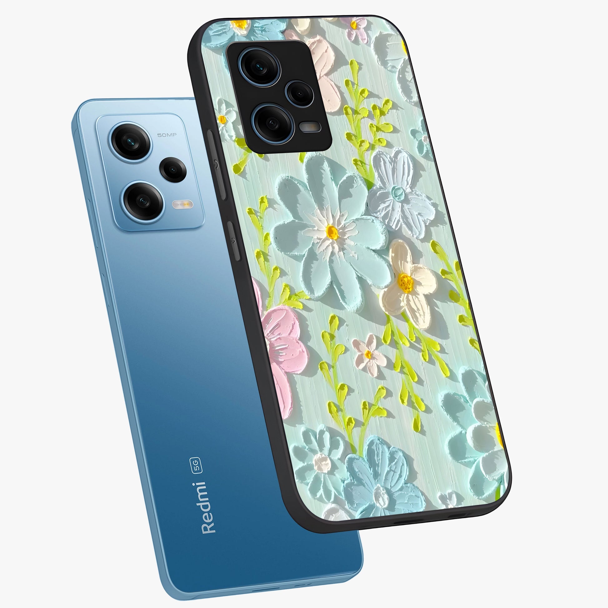 Frosted Petal Garden Glass Case displayed in angled mockup highlighting delicate flower petal design with calm garden aesthetic.