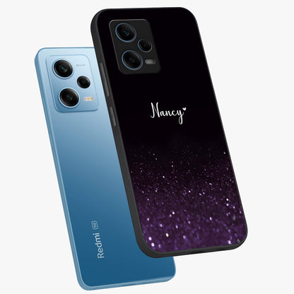 Glittery Purple Bokeh Custom Name Glass Case displayed in angled mockup highlighting glitter bokeh pattern with custom name feature.