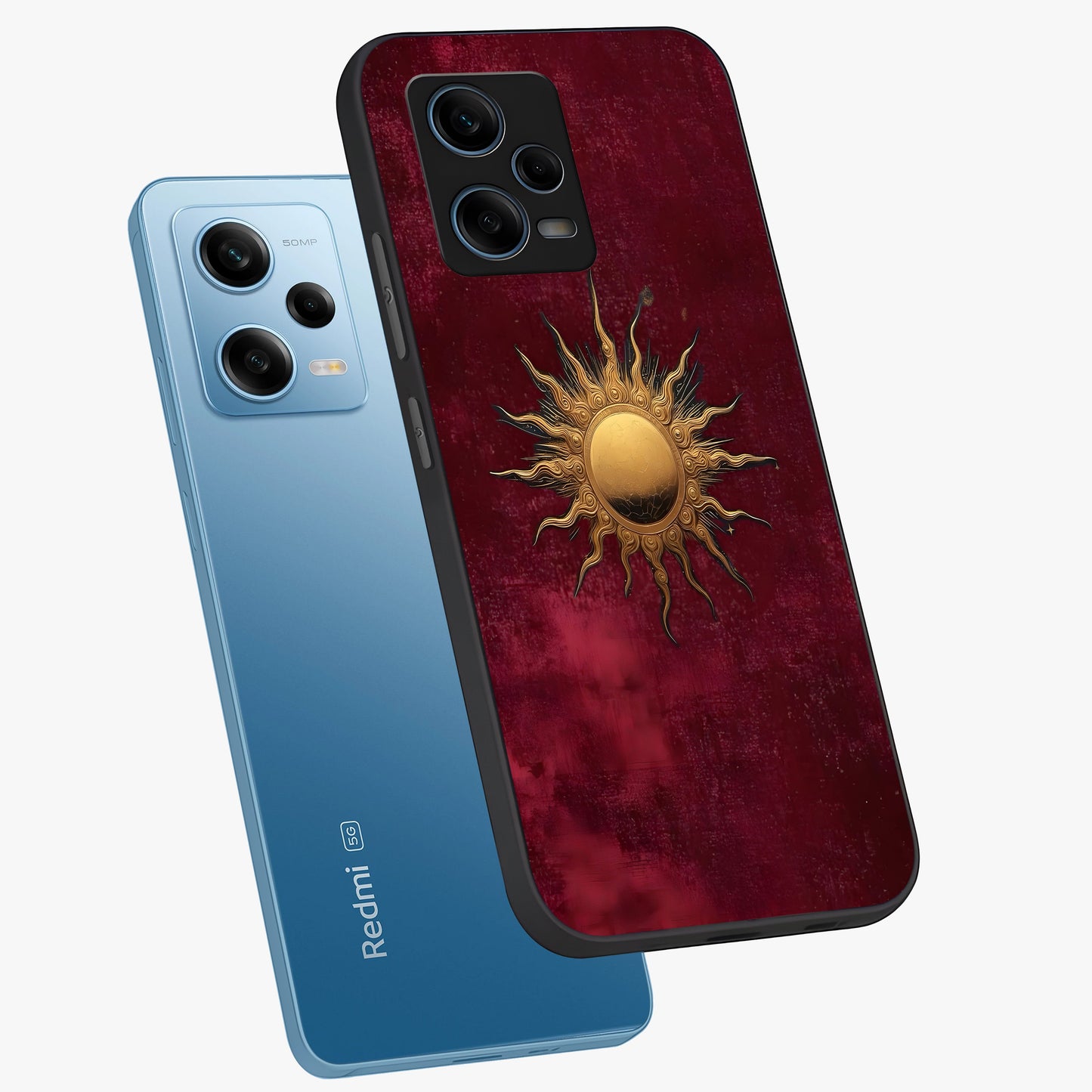 Golden Sun Minimalism Glass Case displayed in angled mockup highlighting clean sun symbol design with modern minimal aesthetic.