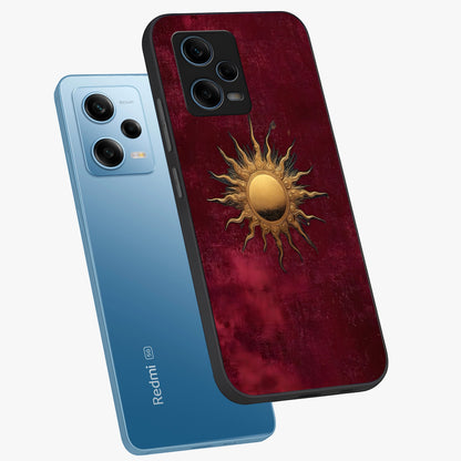 Golden Sun Minimalism Glass Case displayed in angled mockup highlighting clean sun symbol design with modern minimal aesthetic.