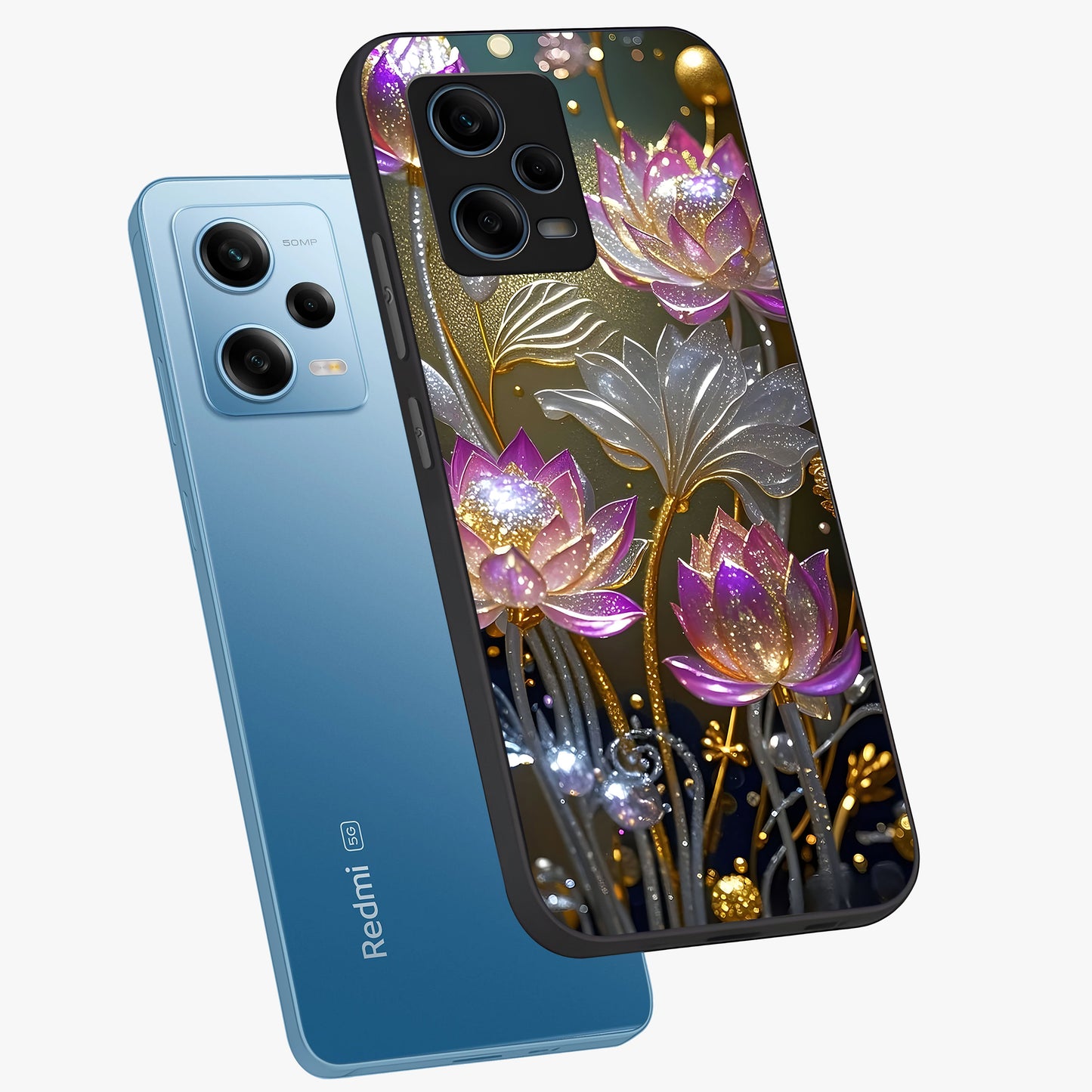 Golden Floral Majesty Glass Case displayed in angled mockup highlighting elegant flower design with royal golden aesthetic.