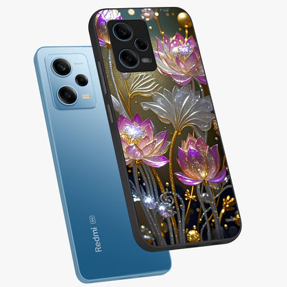 Golden Floral Majesty Glass Case displayed in angled mockup highlighting elegant flower design with royal golden aesthetic.