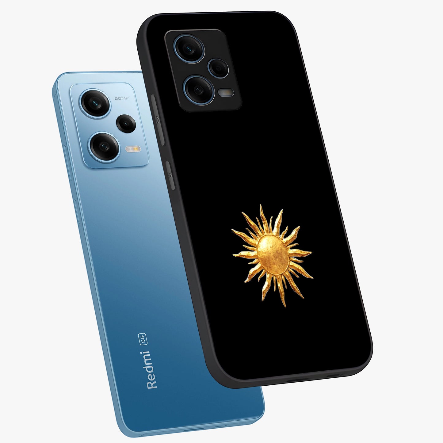 Golden Sun Minimalism Glass Case displayed in angled mockup highlighting eerie shadow illustration with gothic aesthetic.