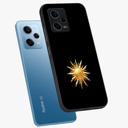 Golden Sun Minimalism Glass Case displayed in angled mockup highlighting eerie shadow illustration with gothic aesthetic.