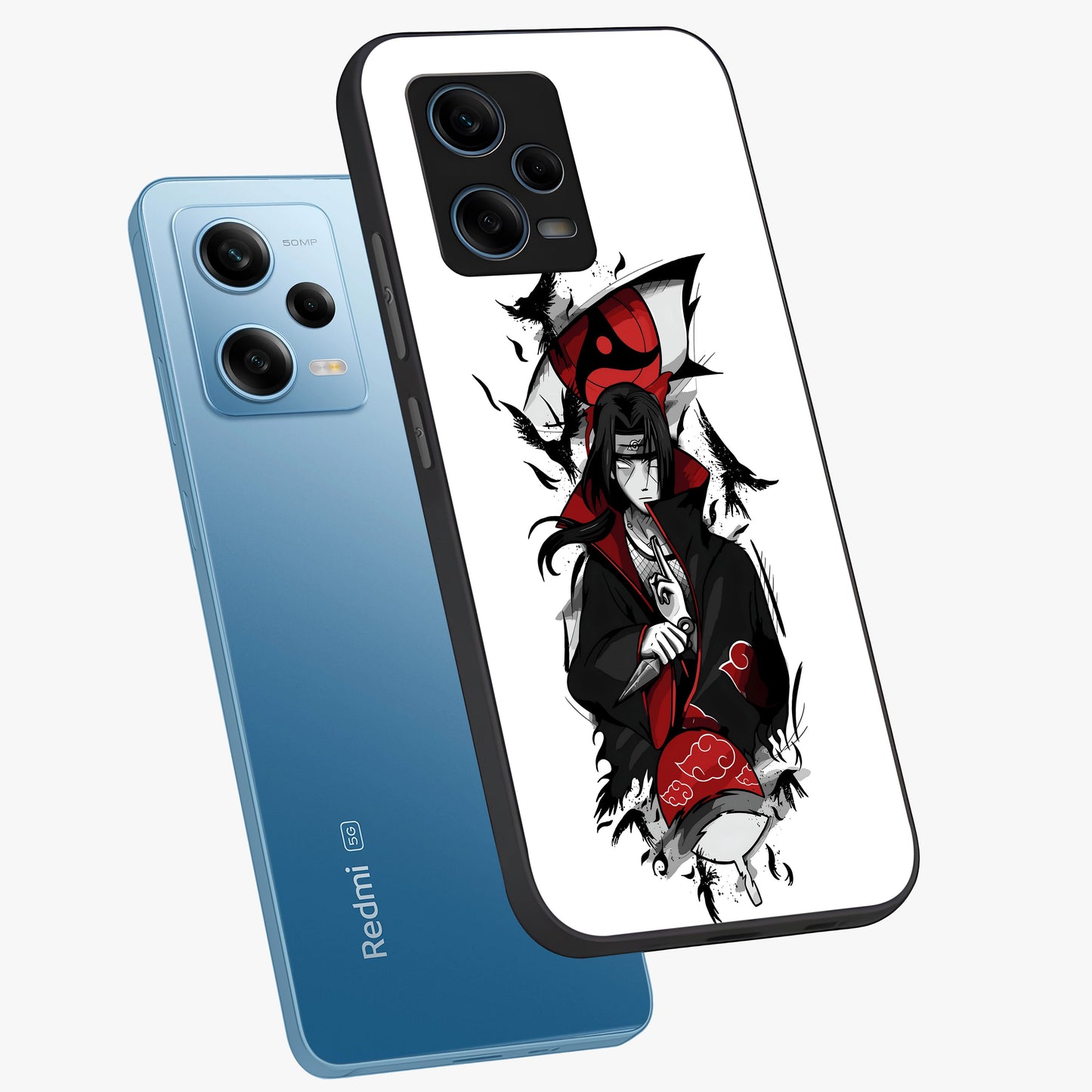 Itachi Limited Edition Naruto Anime Glass Case displayed in angled mockup highlighting dramatic anime illustration with bold action aesthetic.