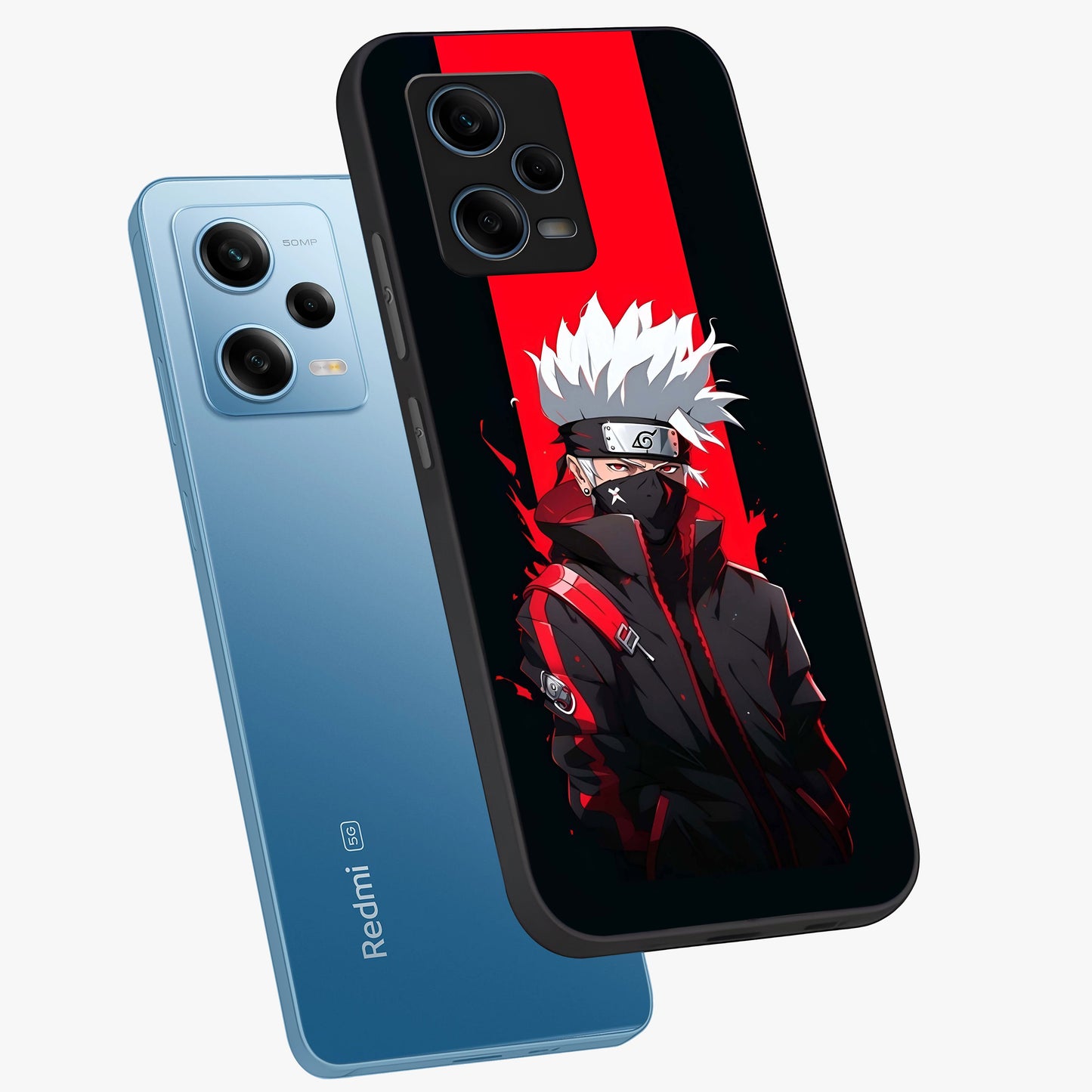 Kakashi Scarlet Shadow Glass Case displayed in angled mockup highlighting dramatic ninja illustration with scarlet themed aesthetic.