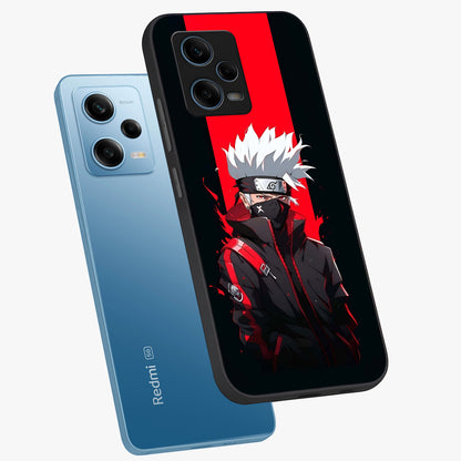 Kakashi Scarlet Shadow Glass Case displayed in angled mockup highlighting dramatic ninja illustration with scarlet themed aesthetic.