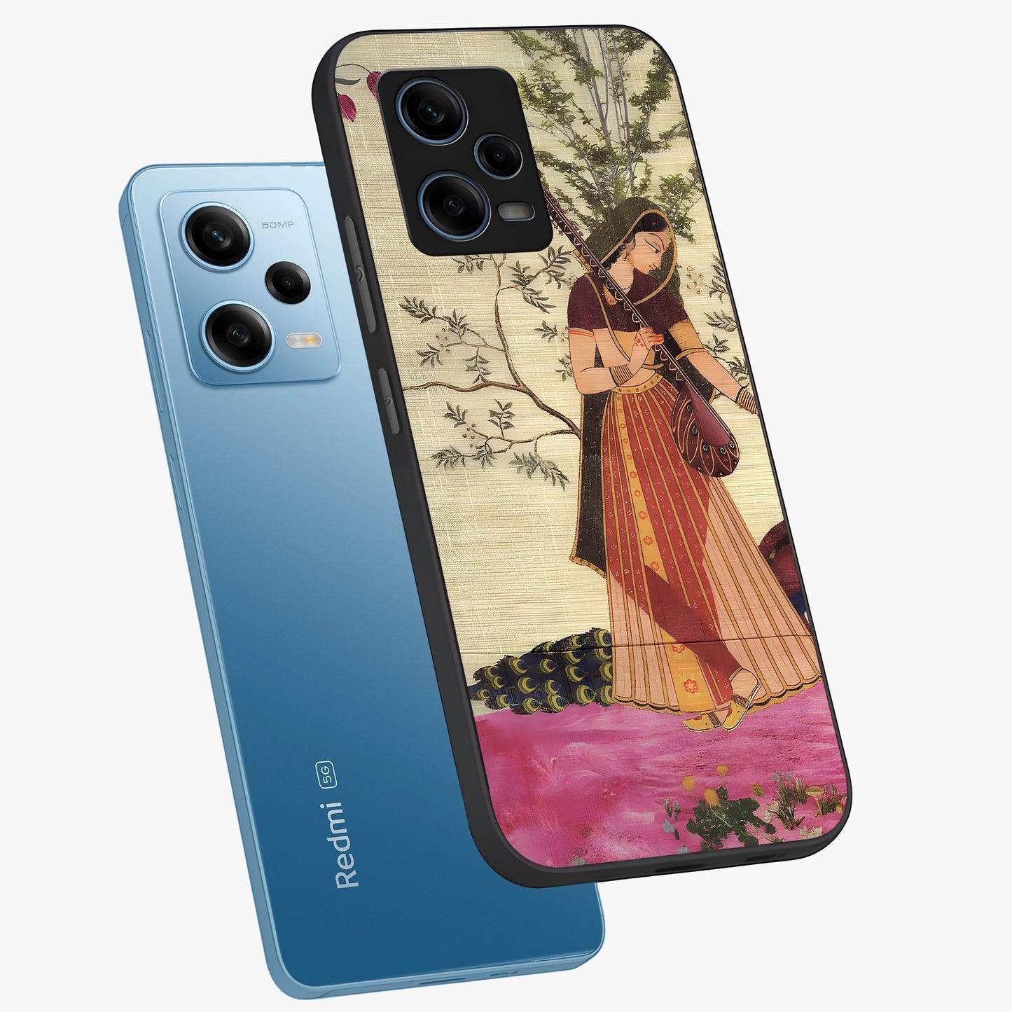 Lady With Veena Art Glass Case displayed in angled mockup highlighting graceful musical illustration with cultural artistic aesthetic.