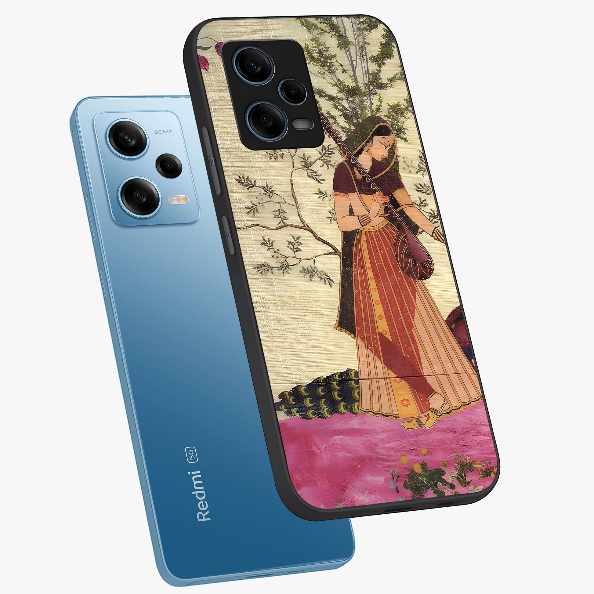 Lady With Veena Art Glass Case displayed in angled mockup highlighting graceful musical illustration with cultural artistic aesthetic.