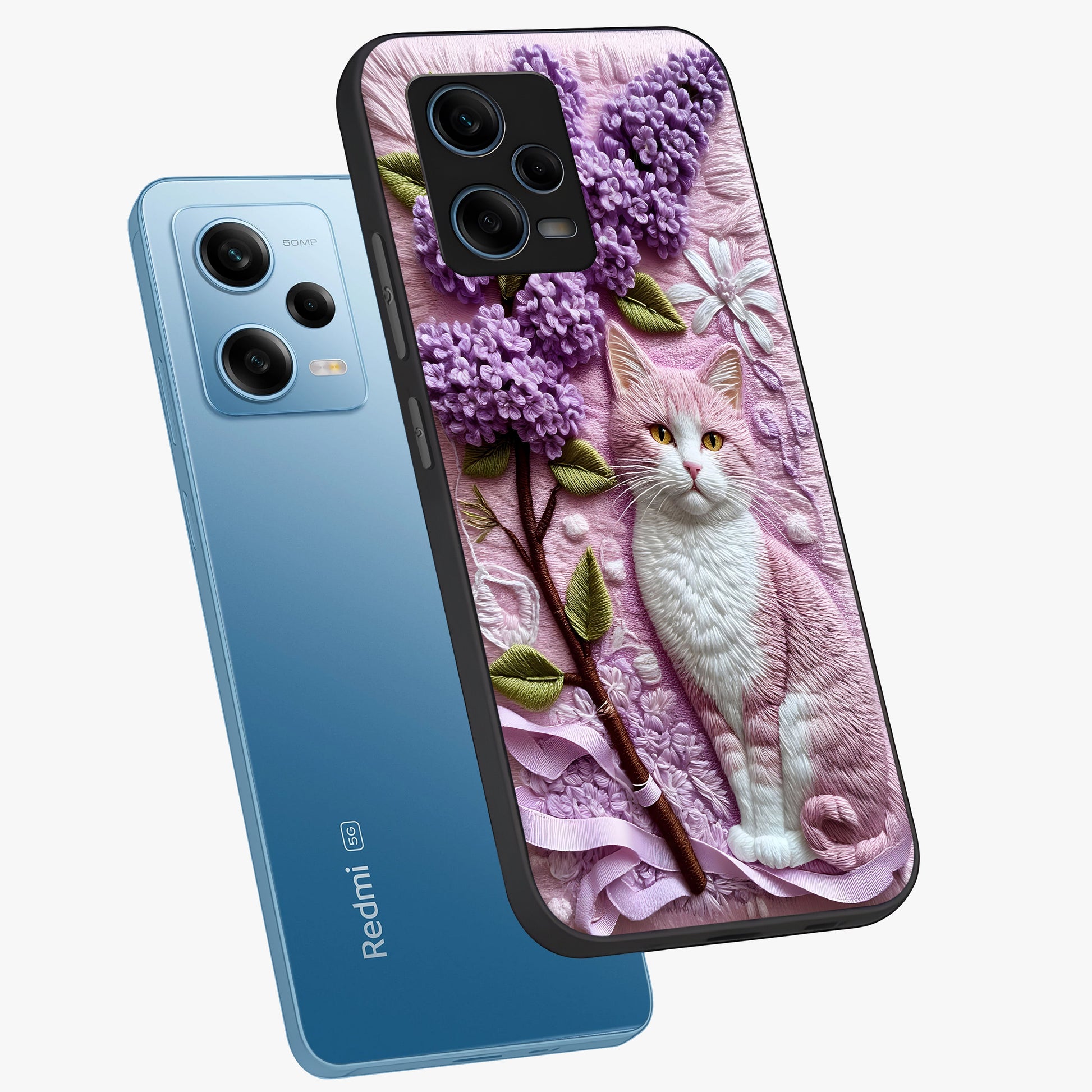 Lavender Cat Whimsy Glass Case displayed in angled mockup highlighting playful feline illustration with pastel lavender aesthetic.