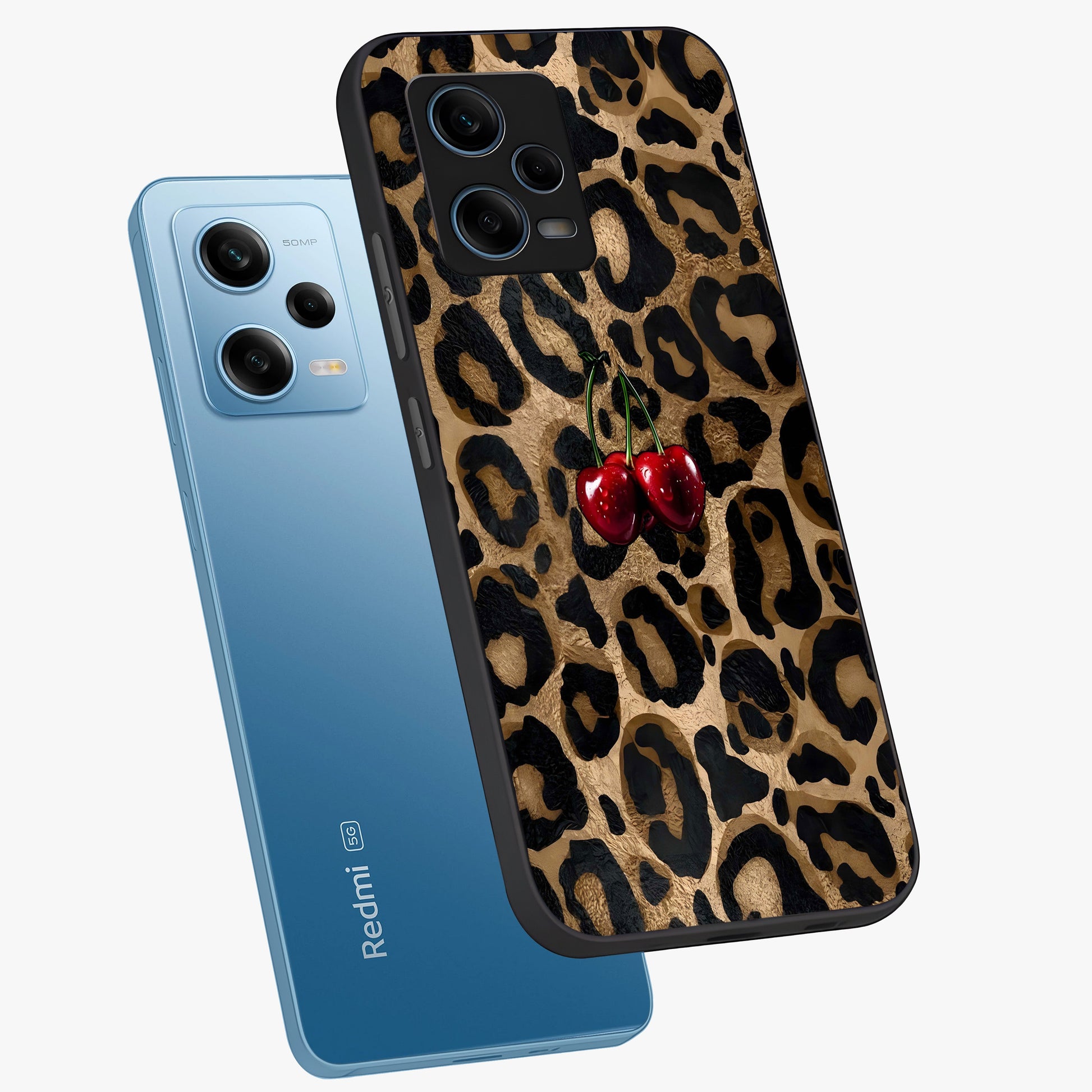 Leopard Wild Cherry Glass Case displayed in angled mockup highlighting bold animal print design with playful cherry aesthetic.