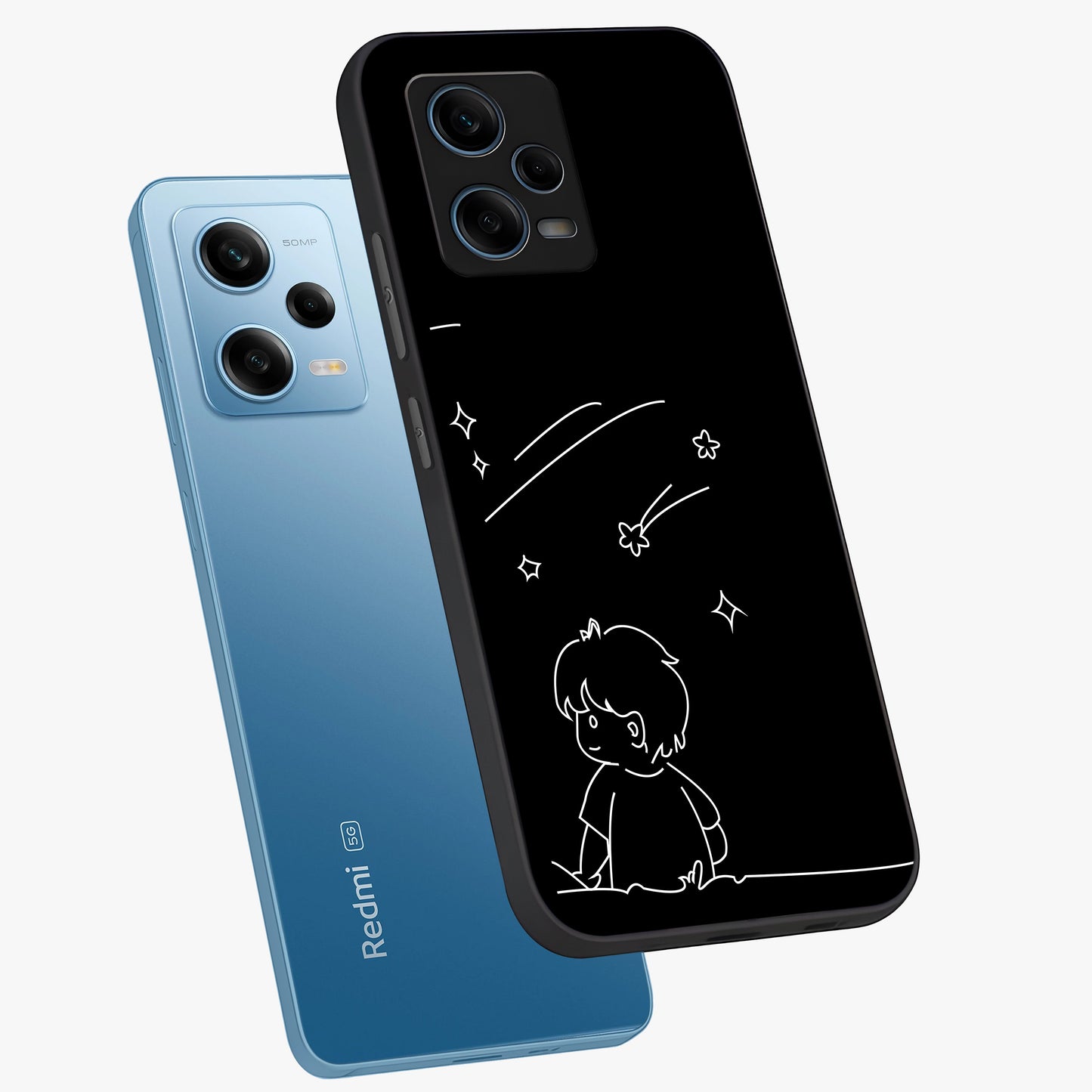 Line Art Boy With Shooting Stars Glass Case displayed in angled mockup highlighting elegant line art design with dreamy star aesthetic.
