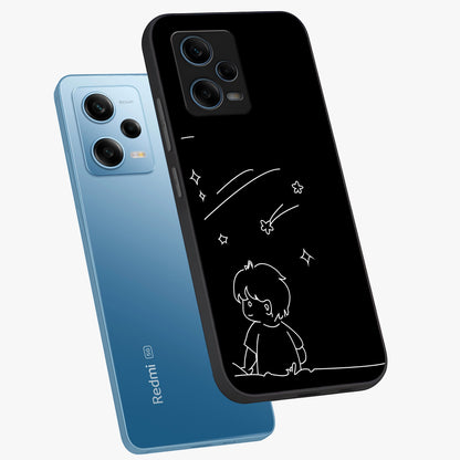 Line Art Boy With Shooting Stars Glass Case displayed in angled mockup highlighting elegant line art design with dreamy star aesthetic.