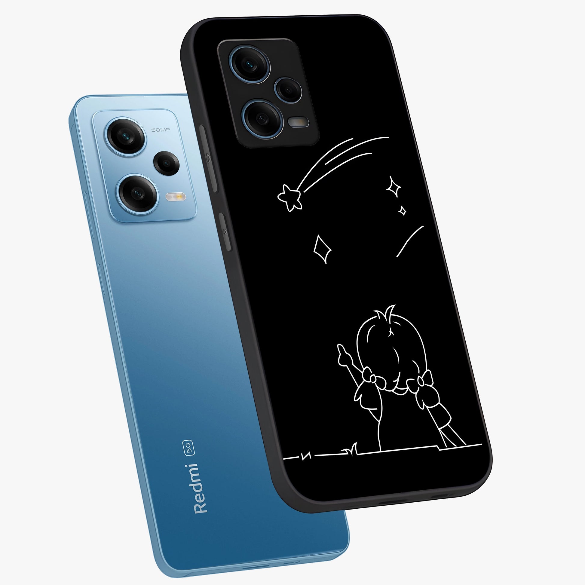 Line Art Girl With Shooting Stars Glass Case displayed in angled mockup highlighting elegant line art design with dreamy star aesthetic.